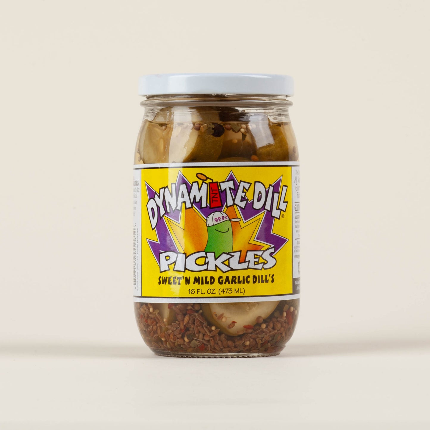 16oz jar of Dynamite Dill Sweet'n Mild Garlic Dill pickles on a light background, handmade bread-and-butter style pickles made on King Street in Lancaster, PA.