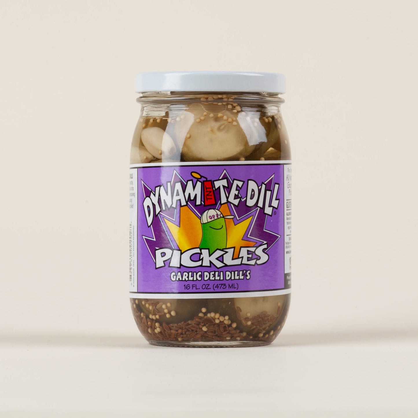 16oz jar of Dynamite Dill Garlic Deli Dill pickles on a light background, handmade original family recipe pickles made on King Street in Lancaster, PA.