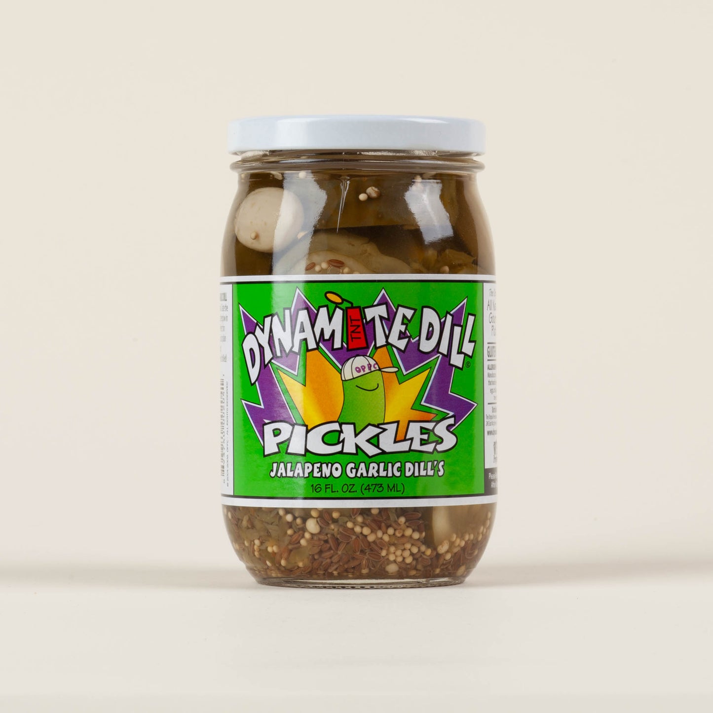16oz jar of Dynamite Dill Jalapeño Garlic Dill pickles on a light background, handmade spicy garlic dill pickles made on King Street in Lancaster, PA.