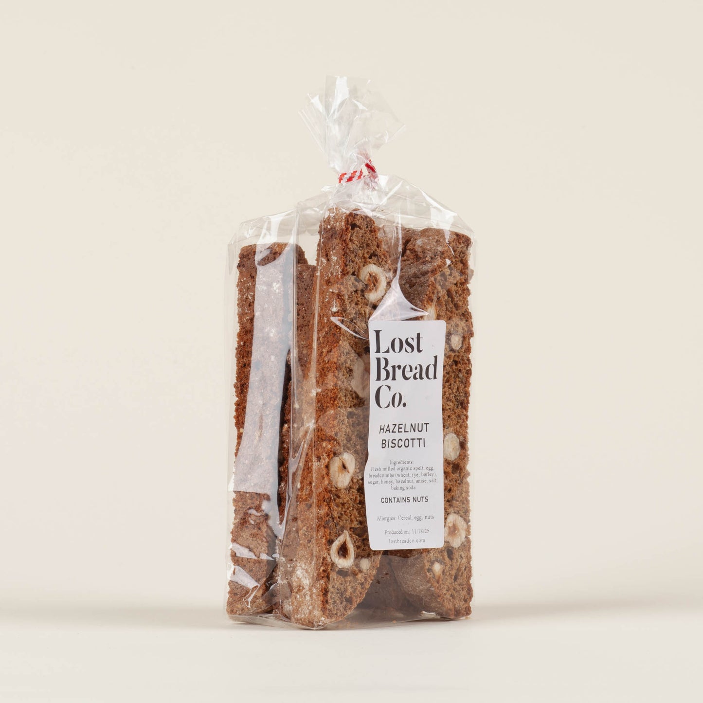 Lost Bread Co. Hazelnut Biscotti 6-pack on a light background, whole grain spelt biscotti with hazelnuts and anise seed made by James Beard nominated baker Alex Bois in Philadelphia, PA.