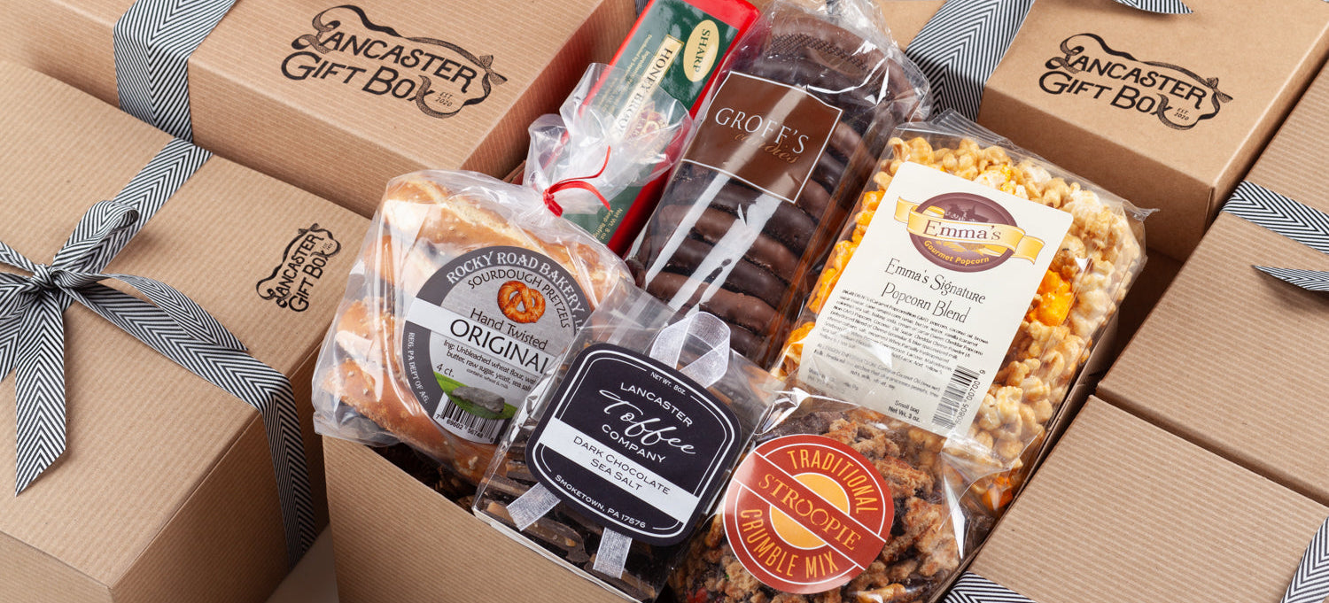 Lancaster Gift Box with various food items and packaging