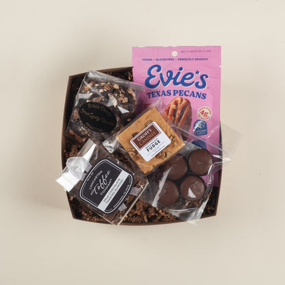 Indulgent Pennsylvania nut gift box with buttery almond toffee, maple walnut fudge, crunchy sweet & salty pecans and creamy small-batch peanut butter cups.