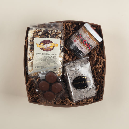 Artisan Pennsylvania gift box with peanut butter Oreo popcorn, cookies & cream bark, peanut butter cups & Oreo jarcake from local makers.