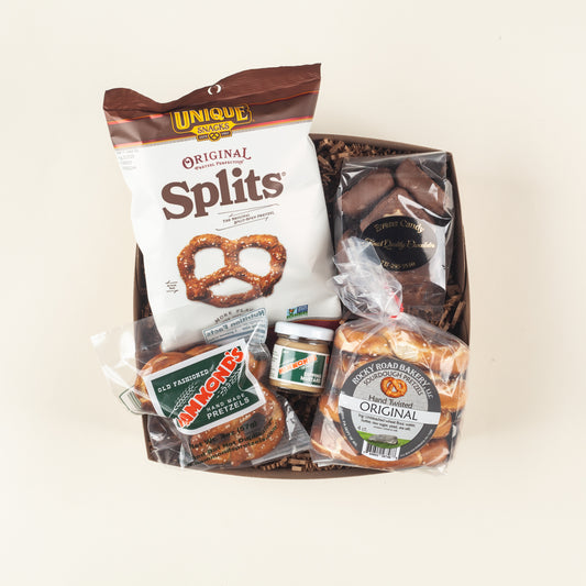 Pennsylvania Pretzel Nosh Gift Box: Unique Snacks Original Splits, Hammond's handmade pretzels, Rocky Road sourdough, dipping mustard & dark chocolate pretzels.