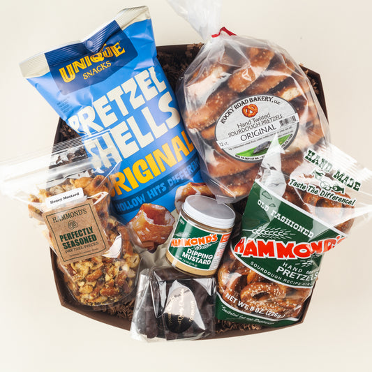 Pretzel Party Gift Box: Unique Snacks pretzel shells, Rocky Road sourdough pretzels, Hammond's seasoned pieces, dipping mustard & dark chocolate pretzels.