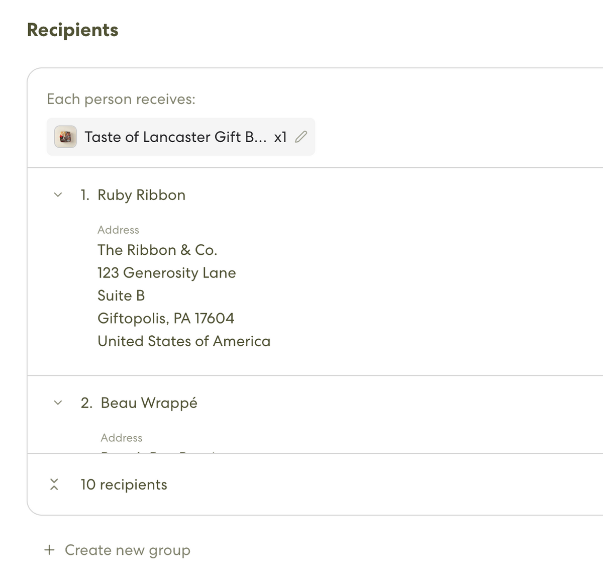 Multi-Ship checkout showing a Taste of Lancaster Gift Box assigned to a list of 10 recipients, each with their own address.