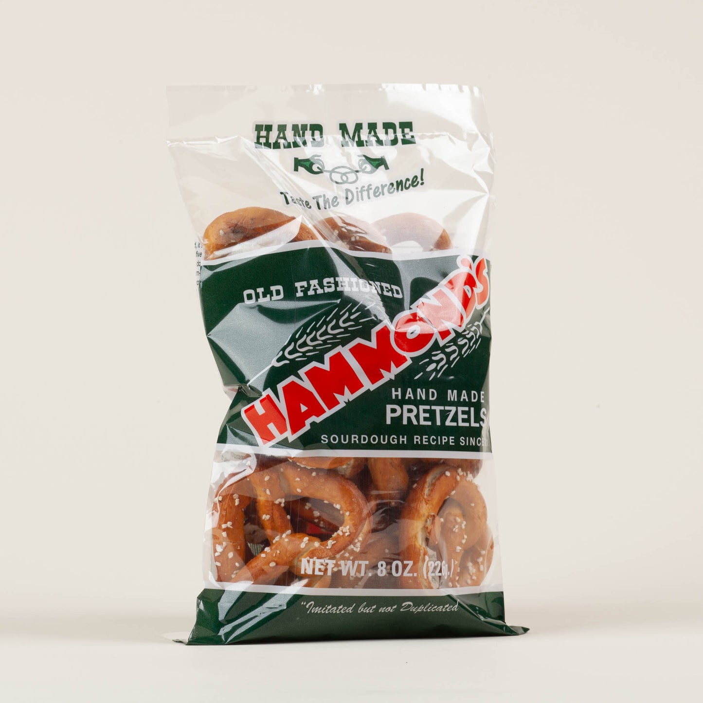 Eight-ounce bag of Hammond's Original Salted hand-twisted sourdough pretzels on a light background, made in Lancaster, PA since 1931.