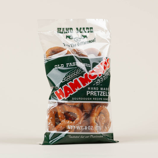 Eight-ounce bag of Hammond's Original Salted hand-twisted sourdough pretzels on a light background, made in Lancaster, PA since 1931.