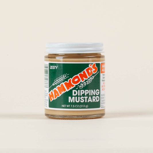 Seven-and-a-half-ounce jar of Hammond's Sweet & Zesty Dipping Mustard on a light background, handcrafted mustard made to pair with sourdough pretzels in Lancaster, PA.