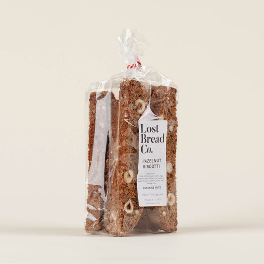 Lost Bread Co. Hazelnut Biscotti 6-pack on a light background, whole grain spelt biscotti with hazelnuts and anise seed made by James Beard nominated baker Alex Bois in Philadelphia, PA.