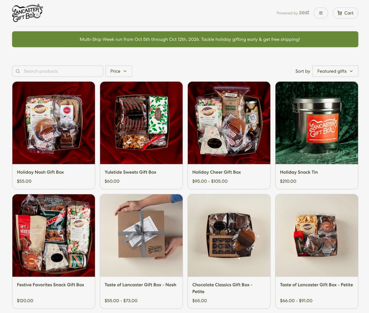 Multi-Ship shop page showing Pennsylvania holiday gift boxes, snack tins, and Taste of Lancaster boxes with prices.