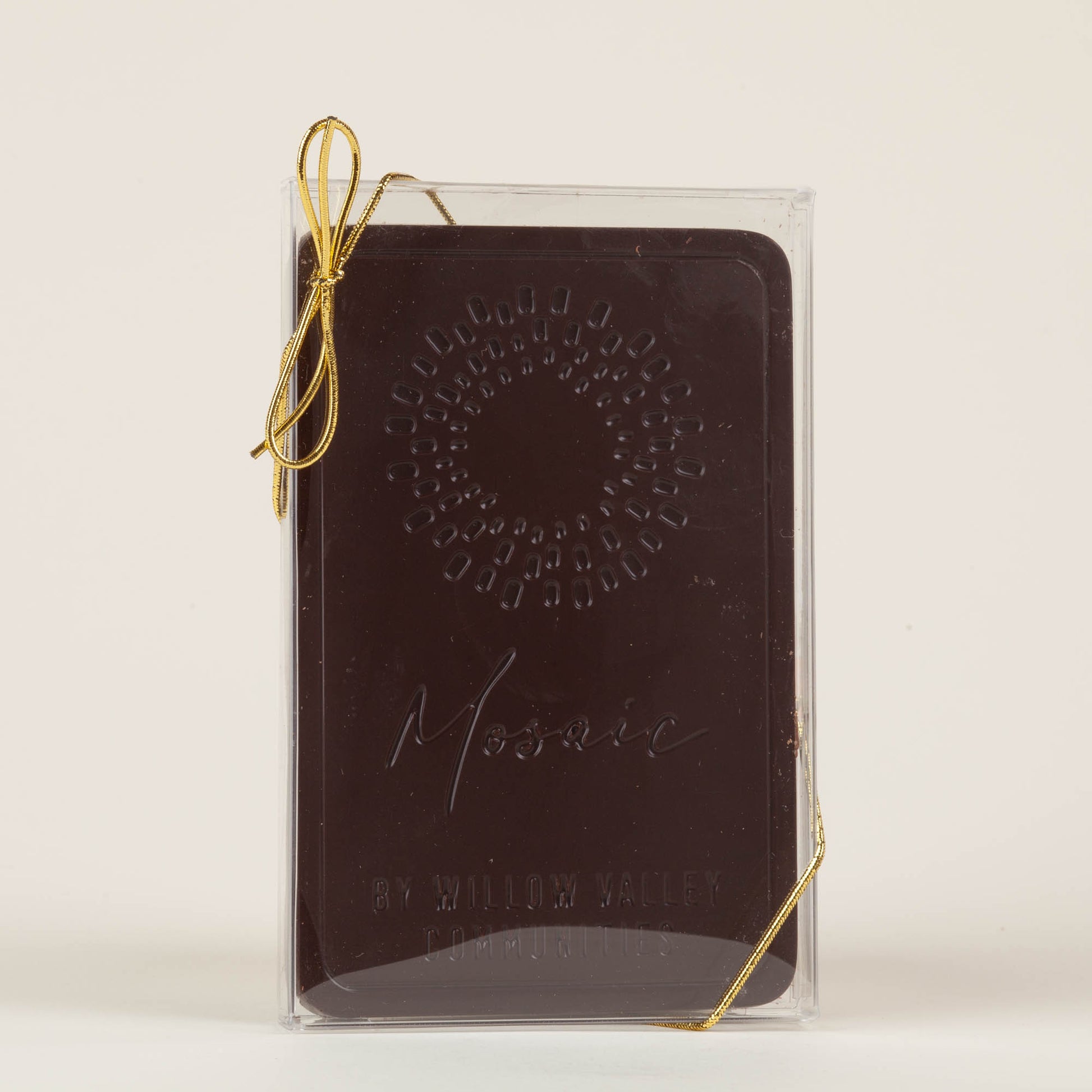 Custom chocolate bar embossed with Mosaic's Logo. Perfect for wedding and event favors. 