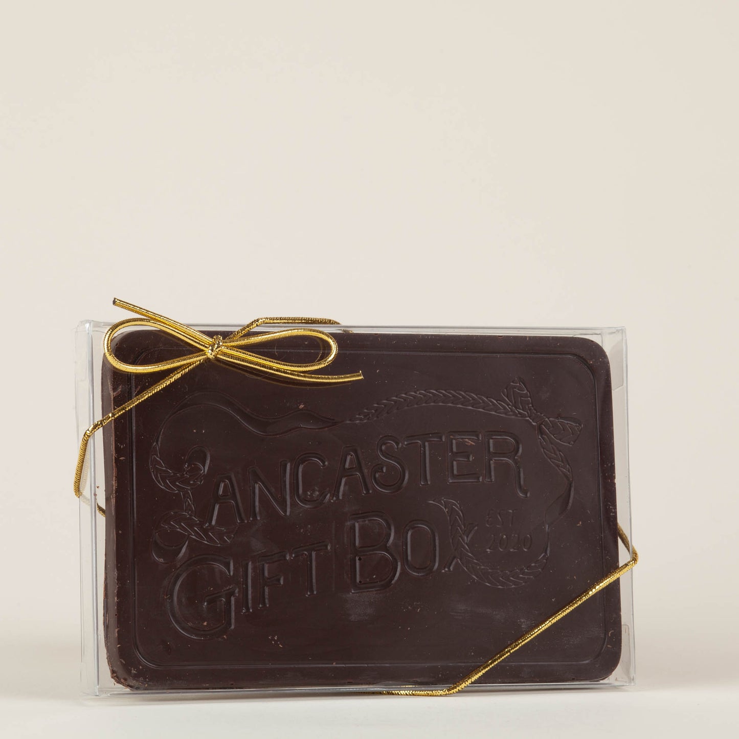 Custom chocolate bar embossed with Lancaster Gift Box's Logo. Perfect for wedding and event favors. 